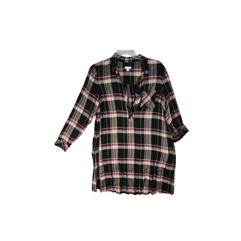 J. Jill Shirt Dress Womens Medium Plaid Black Red Tencel Roll-Tab EUC